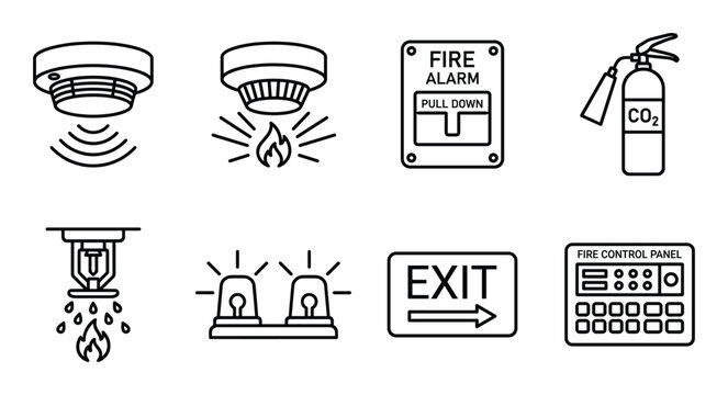 Fire safety equipment including smoke detectors, alarm, extinguisher and exit sign