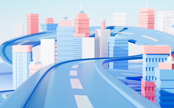 Cartoon buildings and urban roads, highway, speedway, 3d rendering.