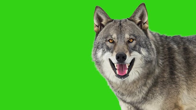 Aggressive gray wolf snarling and showing teeth on green screen. Animated cinemagraph, parallax animation, based on an original photograph.