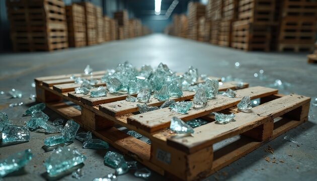 Wooden pallet with sharp broken glass shards and fragments on warehouse floor. Background shows stacks of industrial wooden crates, representing a hazard.