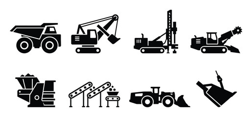 Industrial heavy duty construction equipment icons set truck excavator drill mining machine © GoDesigner