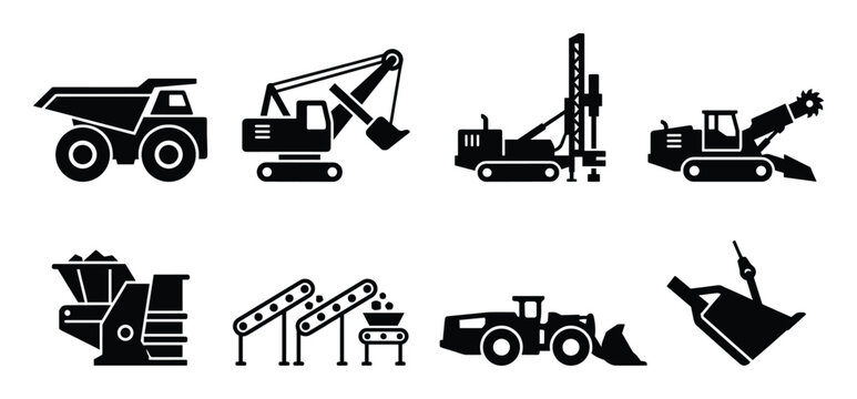 Industrial heavy duty construction equipment icons set truck excavator drill mining machine