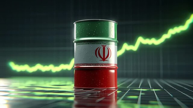 Iran oil barrel in front of financial chart showing rising oil prices and impact on global economy and energy market