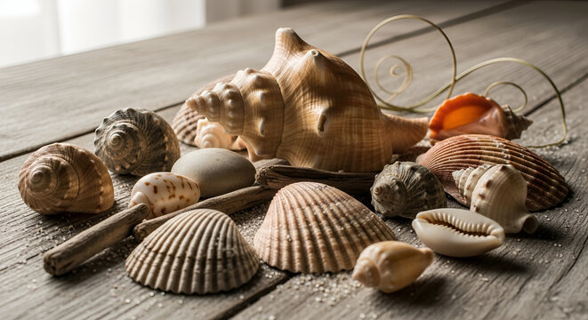 Collection of sea shells on rustic wooden surface featuring conch cowrie cockle and scallop shells with beach sand accents