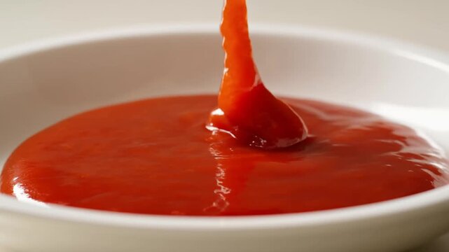 Smooth red ketchup pouring onto a white plate. Ideal for enhancing meals and representing culinary enjoyment