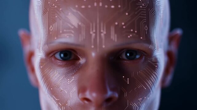 Close-up of a humanoid face with digital circuit patterns overlaying the skin. Represents the fusion of technology and humanity in the age of AI and innovation
