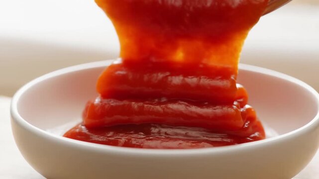 Rich red ketchup being poured into a white dish. Ideal for enhancing meals and adding flavor to various dishes