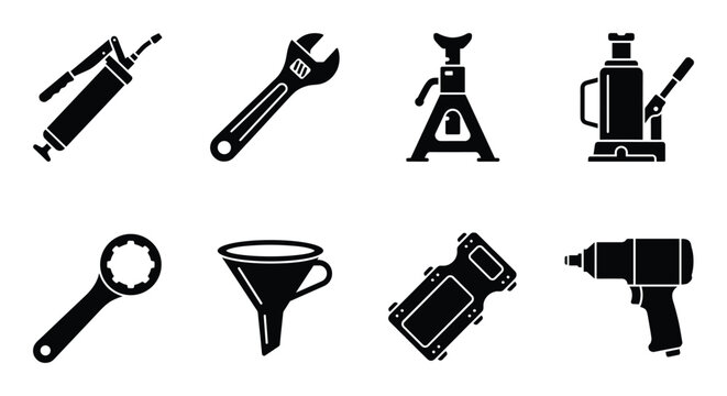 Mechanic tools set featuring a grease gun, adjustable wrench, jack stand, hydraulic jack