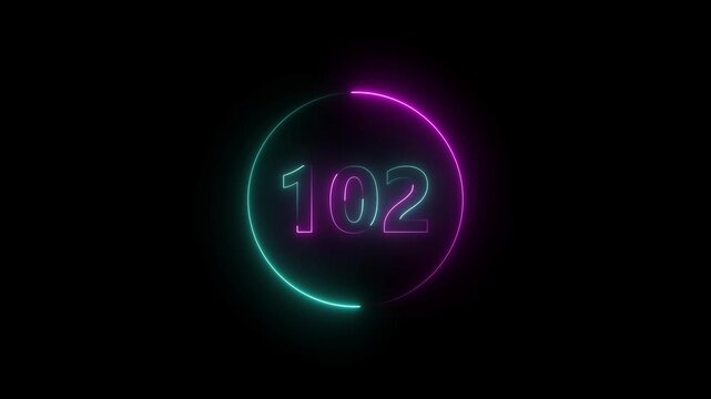 A circle animation, and glowing neon number 102 animation. on a black background.4k video