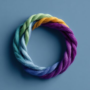 Braided ropes arranged in circle on color background, unity and teamwork concept