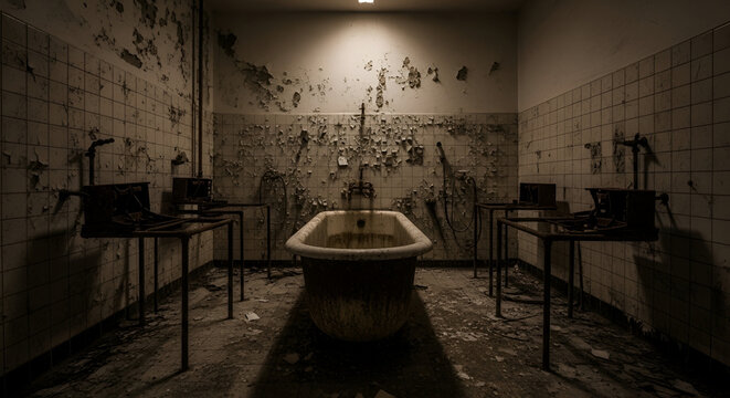 Creepy dilapidated bathtub in an abandoned mental asylum with peeling paint and decaying tiles creating a sinister and eerie atmosphere