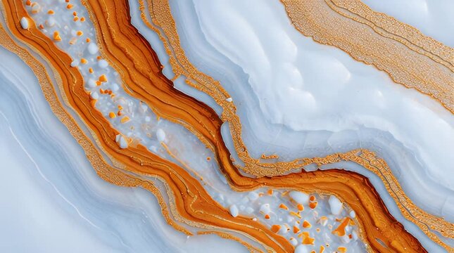 A digitally rendered abstract design featuring flowing, layered textures of orange, white, and a pale blue, with a marbled effect