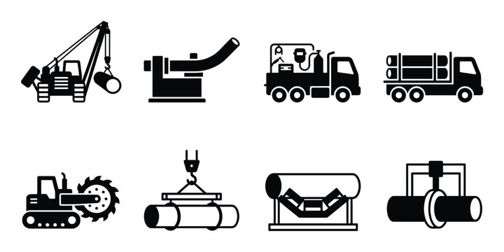 Pipeline construction and industrial pipe handling equipment icons with crawler crane and welding truck