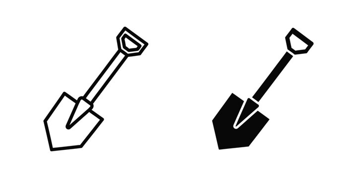 Two contrasting shovels with different handle and blade designs shown in black and white