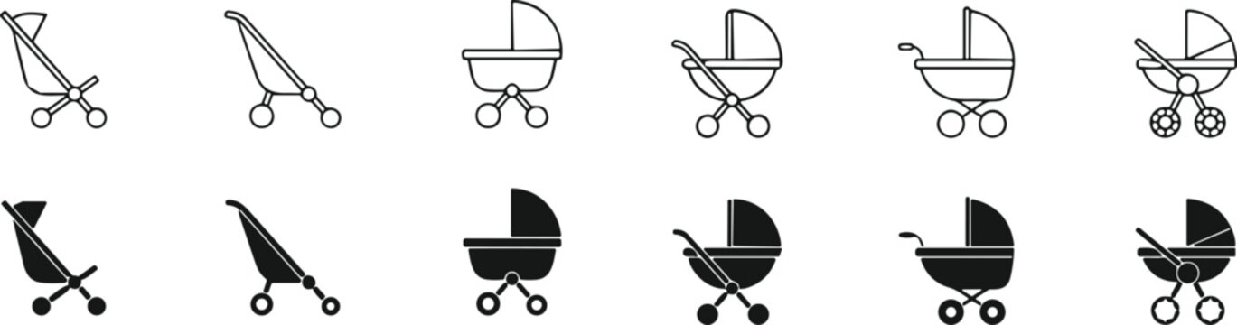 Baby carriage silhouette vector set. Babies stroller icons collection.