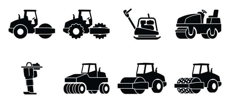Road construction machinery and asphalt roller compactor icons for paving and soil compaction projects
