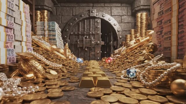 Dim treasure vault filled with gold coins,bars, and glittering chests under a heavy stone arch wide