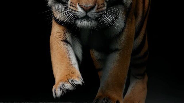A powerful Siberian tiger strides confidently towards the camera, its stripes stark against the black background, captivating with raw strength and majestic beauty.