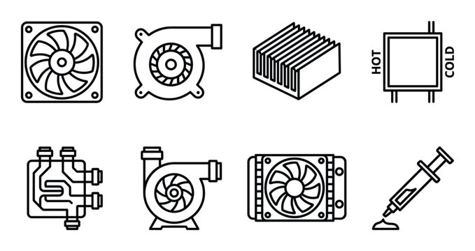 Set computer cooler, fan, heatsink, heat and cold plate, water block, and cooling syringe icon