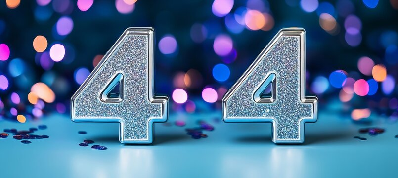 44th Sparkling Celebrations with Twin Silver Chrome Number on a Festive Violet and Blue Background