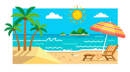 Obraz premium Tropical beach illustration with golden sand, blue ocean, palm trees, sun, and a lounge chair under an umbrella, inviting a peaceful summer vacation