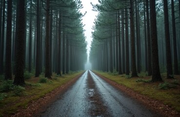 Fototapeta premium Empty wet road passes through dense pine forest with tall trees flanking either side. Soft light filters through trees creating a serene, quiet atmosphere for nature lovers exploring.