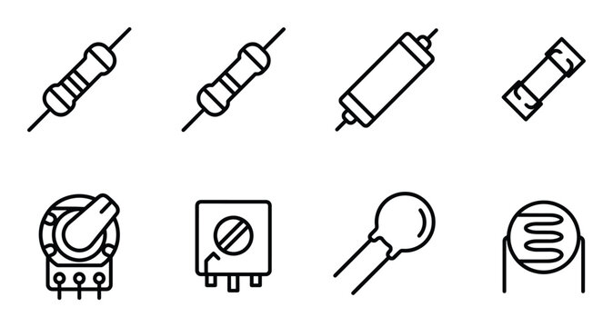 Set line resistor electronic component, fuse, potentiometer and light sensor icons