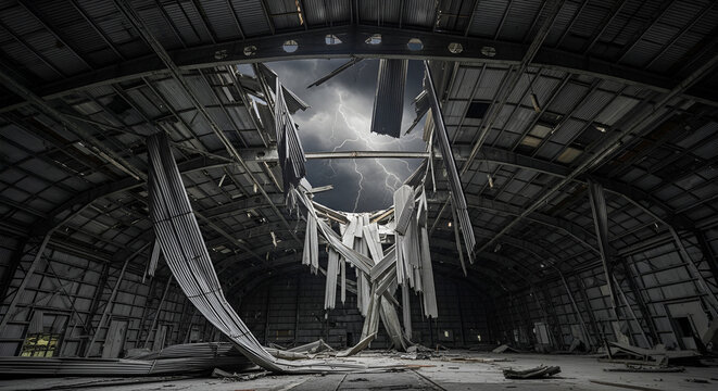 Damaged warehouse interior with collapsed roof exposing lightning storm conveying decay and industrial ruin in dramatic monochrome.