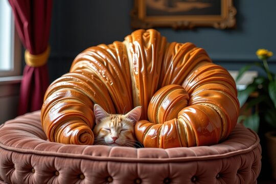 A giant, sentient croissant curled up like a sleeping cat on a plush velvet cushion.