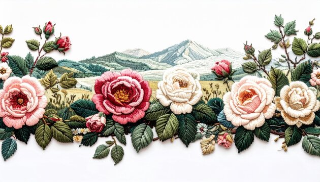 Embroidered Roses With Mountain Landscape Decoration on White Background