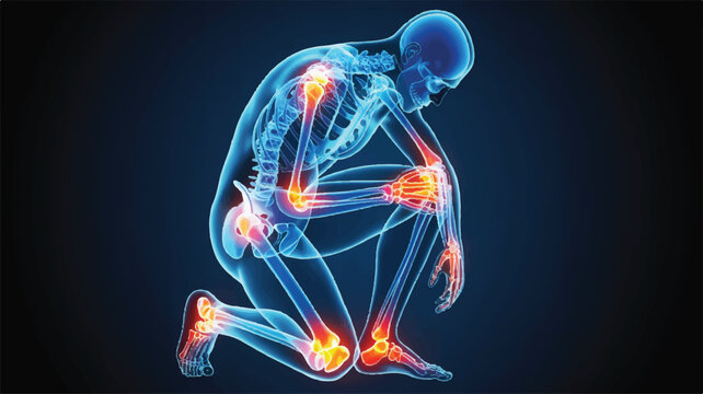 Body in Pain: A striking medical illustration unveils the human body's skeletal and joint structure, highlighting areas afflicted by inflammation, depicting the essence of physical suffering.