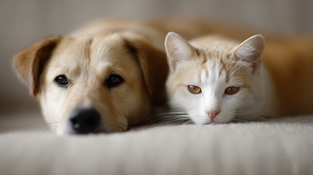 Adorable cat and dog resting together on sofa indoors, animal friendship theme