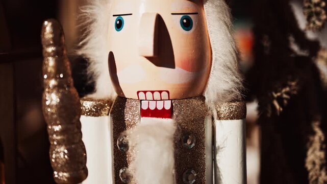 golden glitter nutcracker doll decoration on christmas market in germany, festive holiday souvenir closeup.