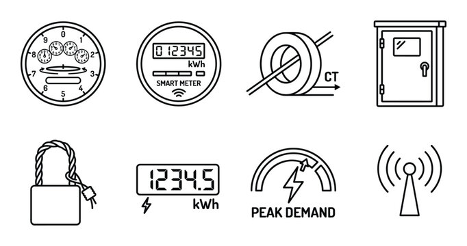 Set of black line icons for electricity metering and power management on transparent background