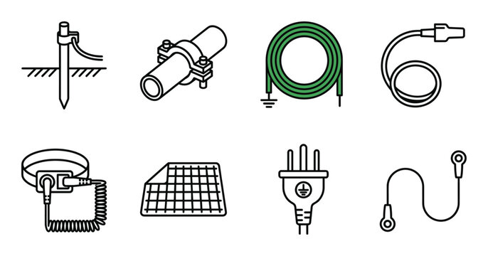 Set of electrical grounding icons, such as ground rod, clamp, cable, antistatic wrist strap