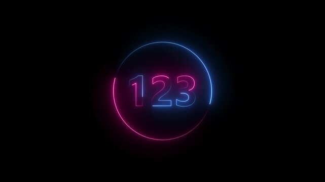 A circle animation, and glowing neon number 123 animation. on a black background.4k video