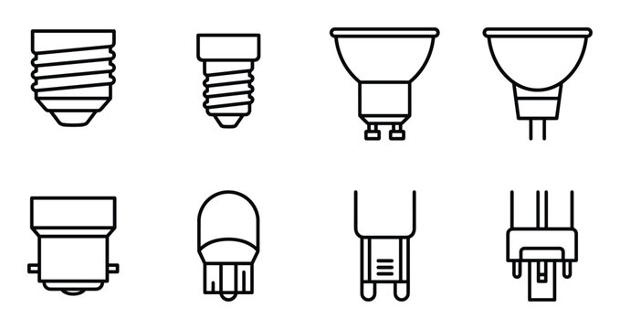 Set of light bulb icons, such as screw base bulb, led bulb, halogen bulb, car light bulb