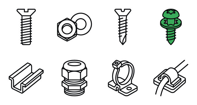 Set screw, nut and bolt, industry metallic bolt, and cable tie icon