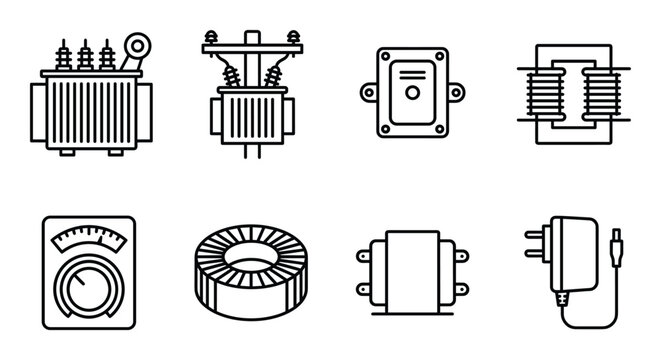 Set of transformer icons, such as electric transformer, power box, current transformer, voltmeter