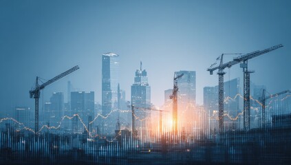 Obraz premium Modern city skyline under construction, financial charts overlay