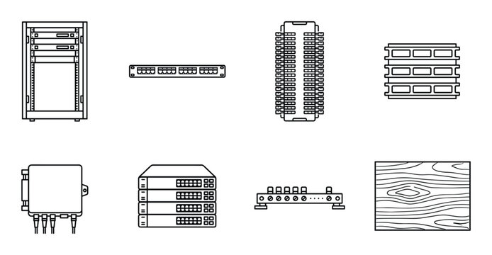 Set server, patch panel, and wooden board icon