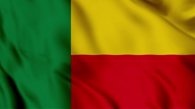National Flag of Benin Waving in the Wind, Realistic High Quality 3D Animation of the Beninese Tricolor with Green Yellow and Red Silk Fabric Rippling, West African Symbol of Unity and Independence