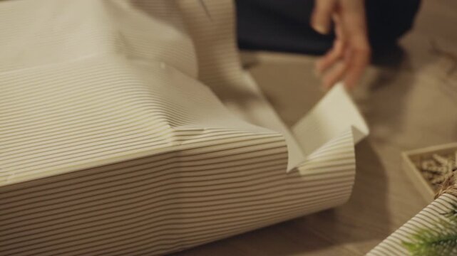 Hands Carefully Trim Striped Wrapping Paper to Neatly Finish a Christmas Gift - Close Up