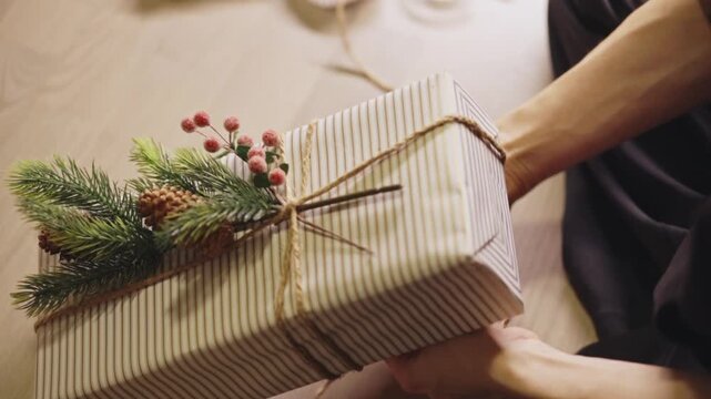 Hands Wrap Twine Around a Striped Gift Topped With Pine Sprigs, Adding a Festive Christmas Touch - Close Up