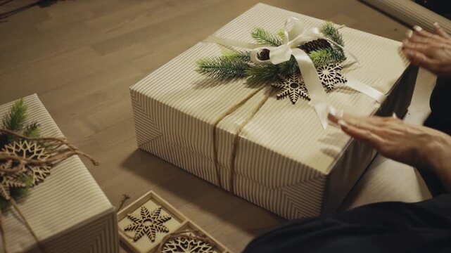Hands Gently Smooth and Adjust a Christmas Gift Wrapped in Striped Paper - Close Up