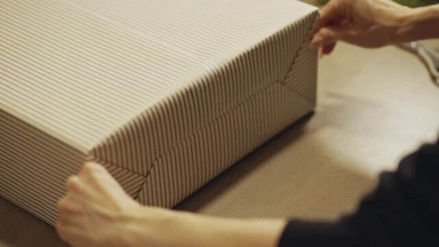 Hands Press the Striped Wrapping Paper Firmly Around a Christmas Gift - Close Up