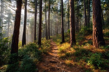 Fototapeta premium Sunlit path winds through tall trees in a dense, verdant forest