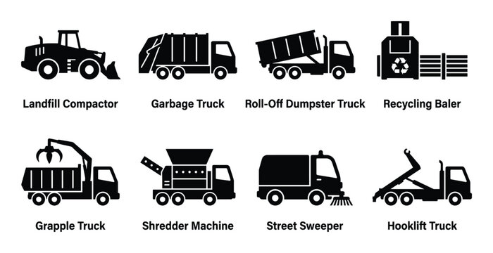 Waste management and sanitation heavy vehicle silhouette icons set with garbage trucks and compactors