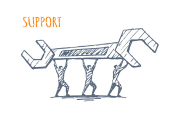 Obraz premium Support Sketch - team carrying giant wrench together