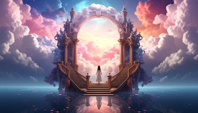 Ornate celestial archway bridging tranquil waters and a vibrant cloudscape, a solitary figure poised at the threshold of a shimmering portal to an ethereal, imagined realm